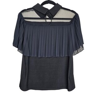 Athena Marie Womens Black Pleated Cape Collar Top Blouse Size L‎